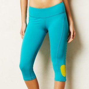 ANTHROPOLOGIE Sunpop Crops Capri Leggings Teal Yellow Mesh Accent Waist Pocket